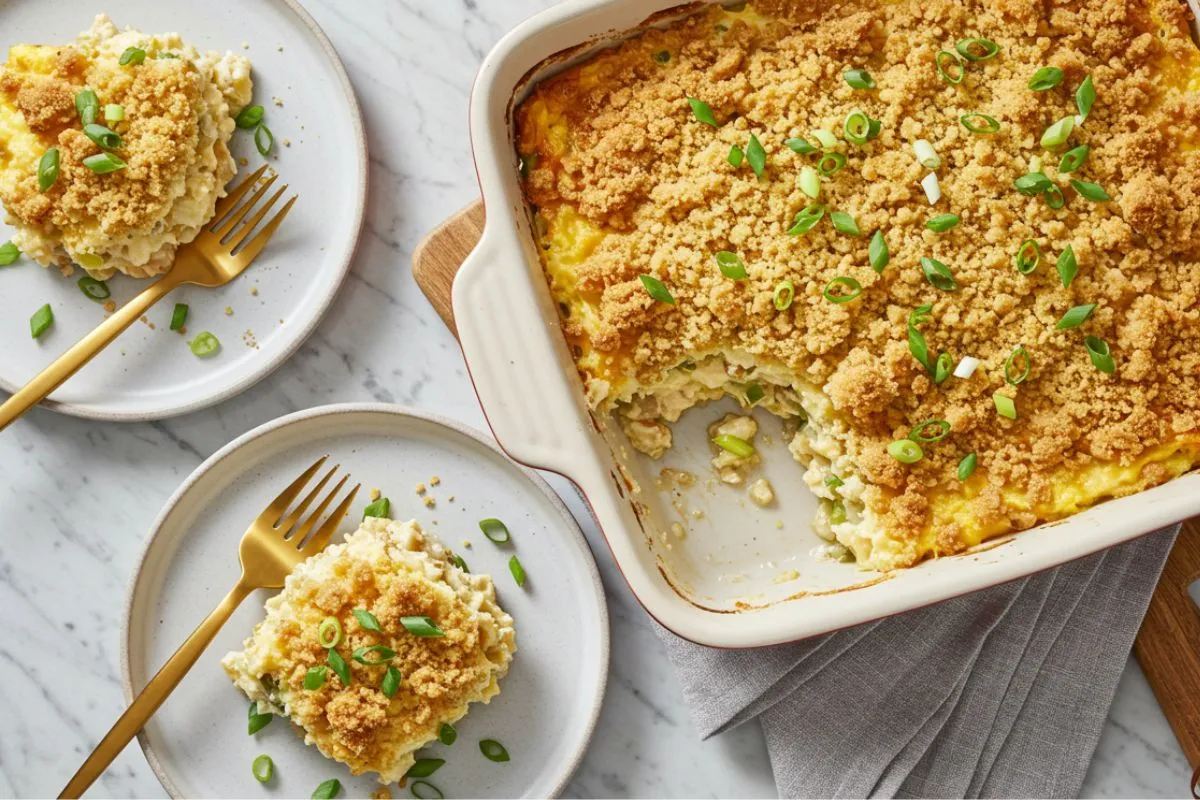 Baked and ready-to-serve million dollar chicken casserole in a white dish with a golden Ritz cracker topping, garnished with fresh green onions. Served with individual portions on plates, showcasing the creamy and cheesy layers of shredded chicken, cream cheese, and sour cream