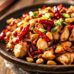What is the most popular Chinese chicken ? Kung Pao Chicken, garnished with red chilies and peanuts, served on a wooden table