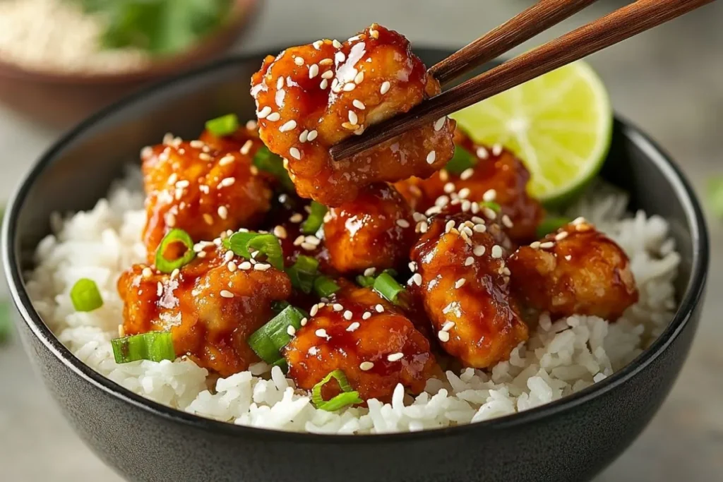 Close-up of crispy Empress Chicken coated in a glossy, sweet and spicy sauce, garnished with sesame seeds and green onions, served over fluffy white rice in a black bowl. A pair of wooden chopsticks lifts a piece of chicken, with a fresh lime wedge in the background