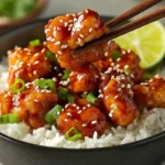 Close-up of crispy Empress Chicken coated in a glossy, sweet and spicy sauce, garnished with sesame seeds and green onions, served over fluffy white rice in a black bowl. A pair of wooden chopsticks lifts a piece of chicken, with a fresh lime wedge in the background