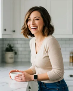 Smiling woman in a cozy kitchen holding a coffee mug and leaning on a marble counter