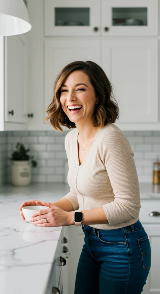 Smiling woman in a cozy kitchen holding a coffee mug and leaning on a marble counter